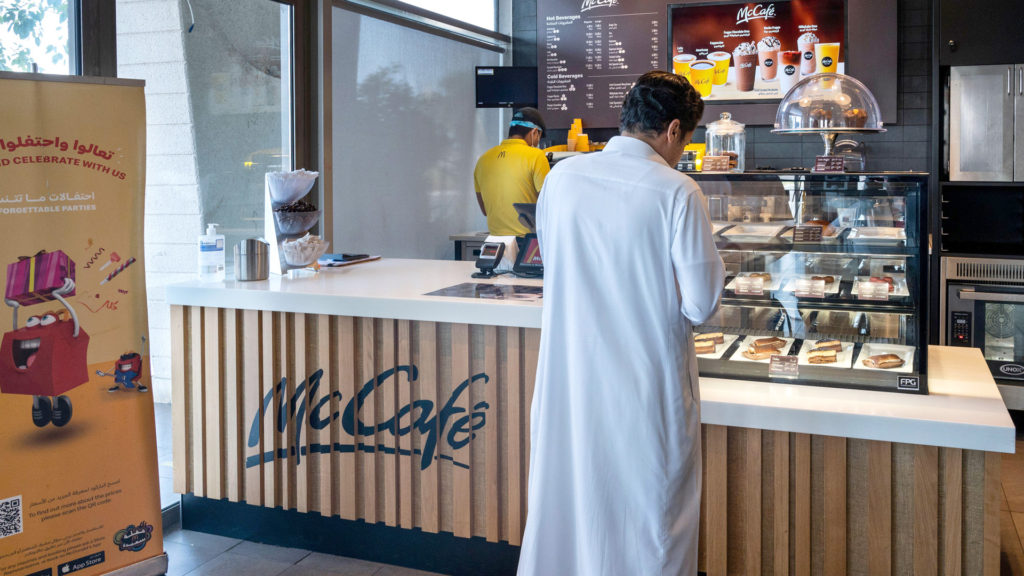 Image of the FPG custom horizontal split refrigerated and controlled ambient cabinet for McDonald's located at a McCafe in Jeddah, Saudi Arabia.
