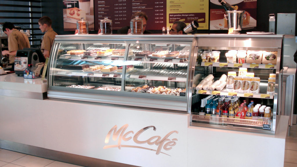 Image showing FPG custom food display cabinets installed at McCafe, McDonald's Germany.