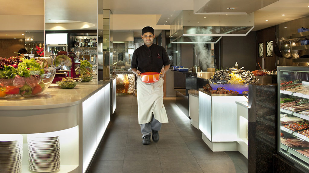 Image of the FPG custom restaurant fitout including eight different cooking stations at Eight Restaurant, the Langham Hotel, Auckland, New Zealand. Delivered in partnership with Wildfire Commercial Kitchens & Bars Ltd.