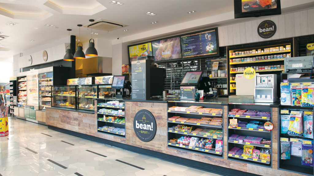 Image showing the FPG custom c-store fitout featuring the POS stations and Bean Spot branding at Alfamart, Alfa Tower, Jakarta, Indonesia.