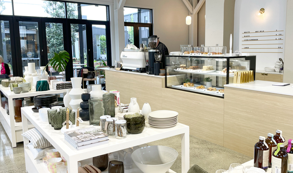 Image of the in-store cafe including the FPG Inline 3000 Series food display cabinet fitted with white shelves at Kindred Road, Hastings, New Zealand.