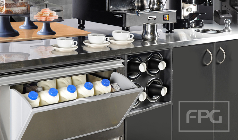 Image showing the FPG Inline Barista stocked with milk bottles with the flap open.