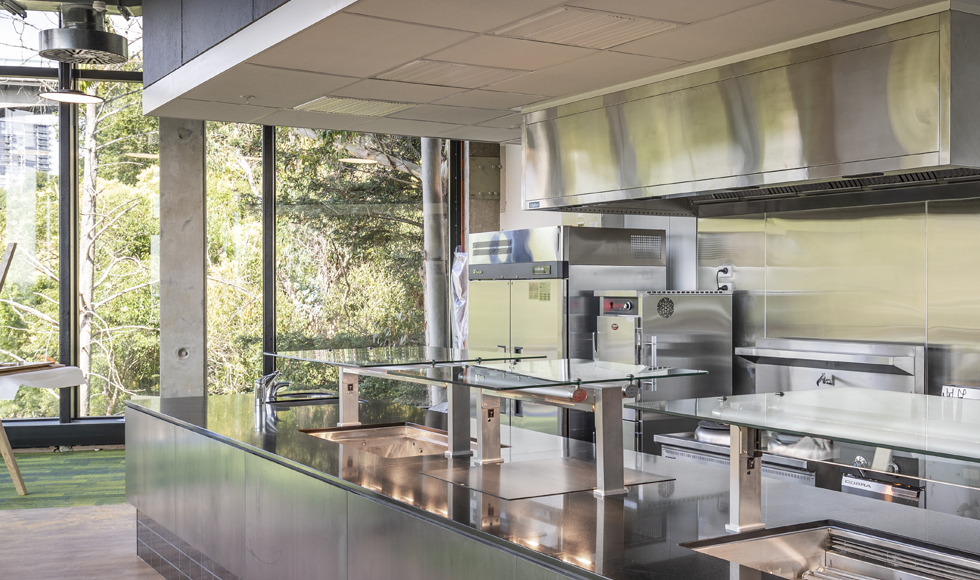 Image showing FPG Inline GN Series under-mounted in-counter food display cabinets fitted with flat self-serve glass gantries at Waiparuru Hall, University of Auckland, New Zealand.