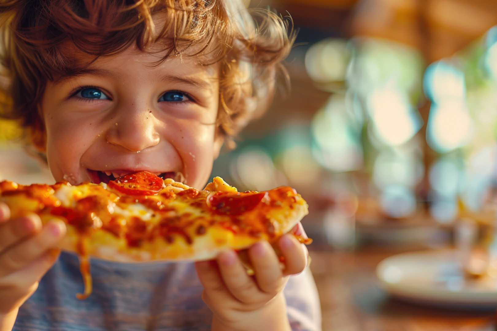 Boy eating pizza from FPG cabinets that hold food at core product temperature