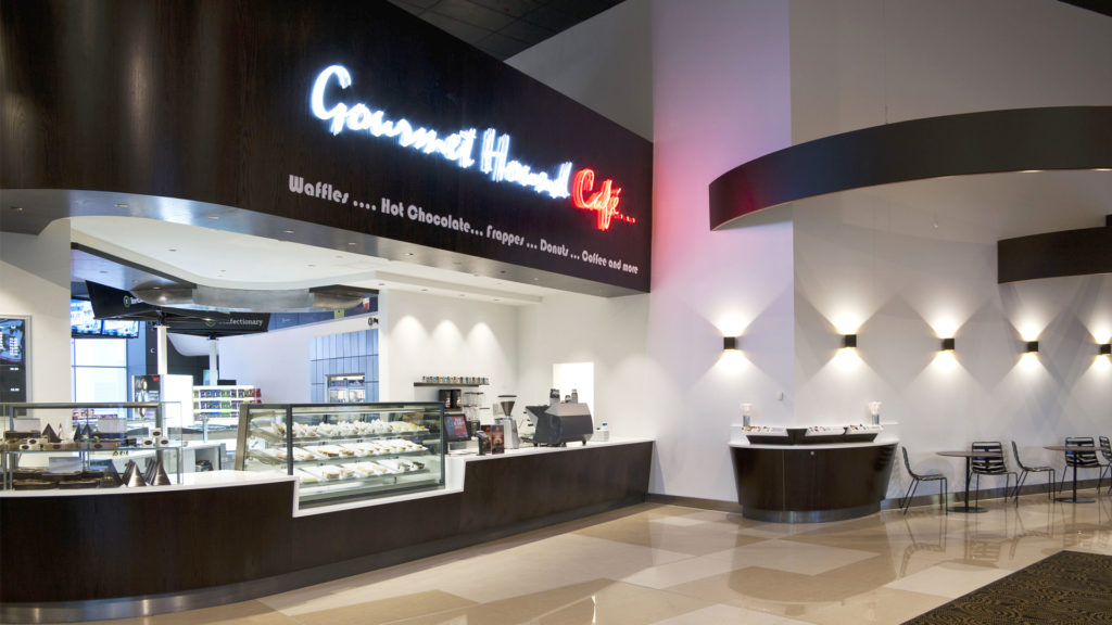 Image of FPG Inline refrigerated food display cabinet, counter joinery, condiments station and signage. Installed at Gourmet Hound Café, Hoyts Cinema, Hamilton, New Zealand.