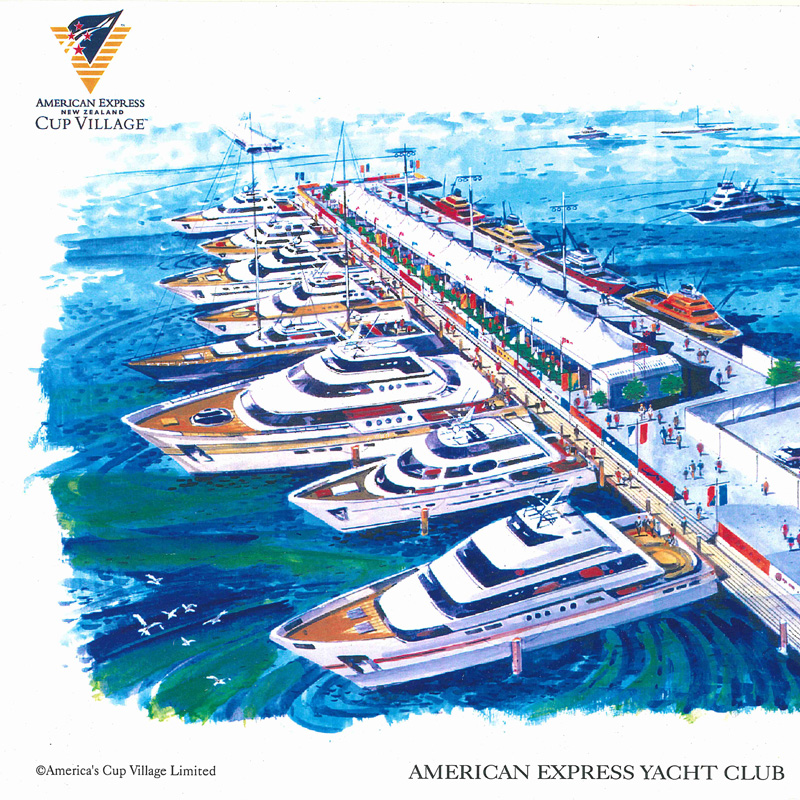 Image showing a concept of the American Express Yacht Club hospitality facilities at America's Cup Village in 2000, located on the Auckland waterfront, New Zealand. Co-designed, constructed, and installed by FPG.