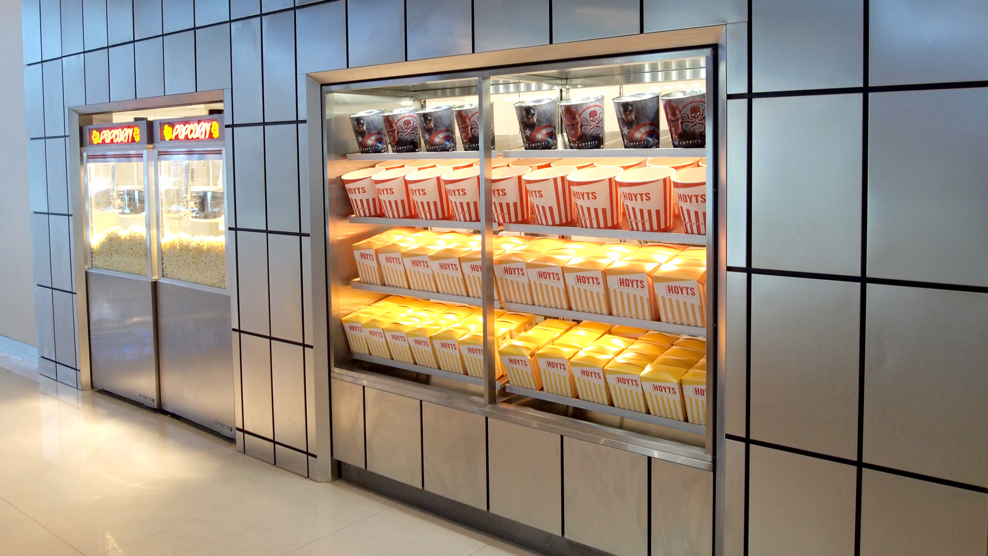 FPG Food Display-Hoyts Hamilton custom warmers for popcorn Image showing FPG Custom Popcorn warmers installed at Hoyts Cinema, Hamilton, New Zealand.