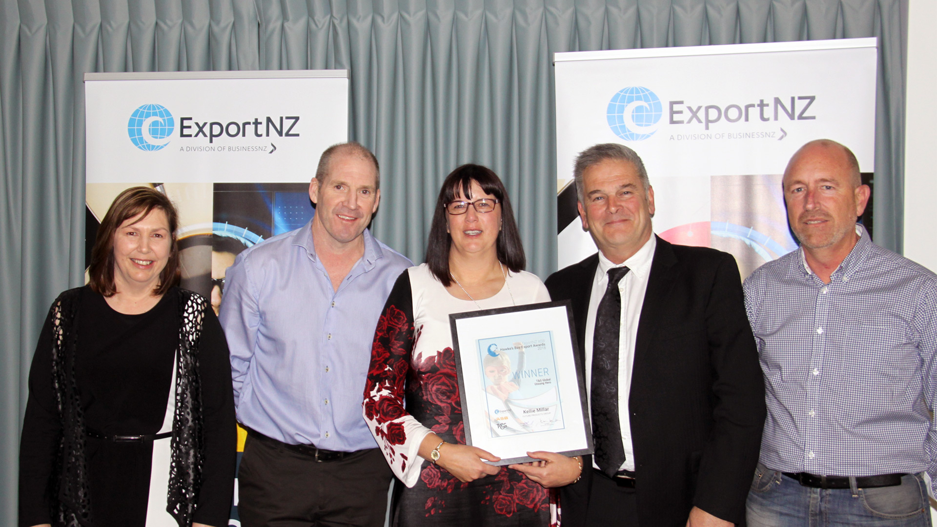 Image showing Photo: FPG Management Team (left to right) Susan White, Paul Campbell, Robert Darroch and Jared Vaughan with Kellie Miller (centre) at the Export NZ Hawke's Bay Awards 2018