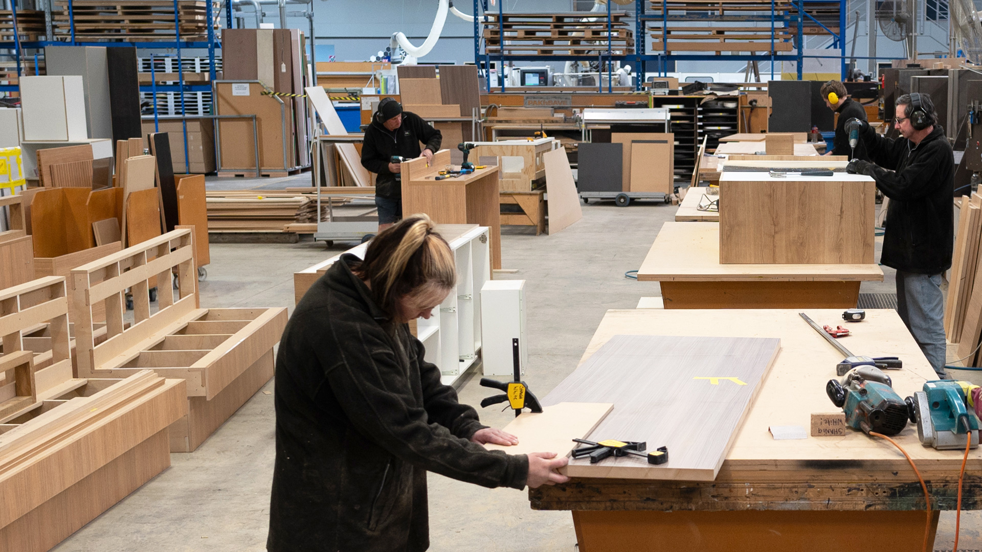 Image showing multiple work stations in the FPG Custom Joinery department.