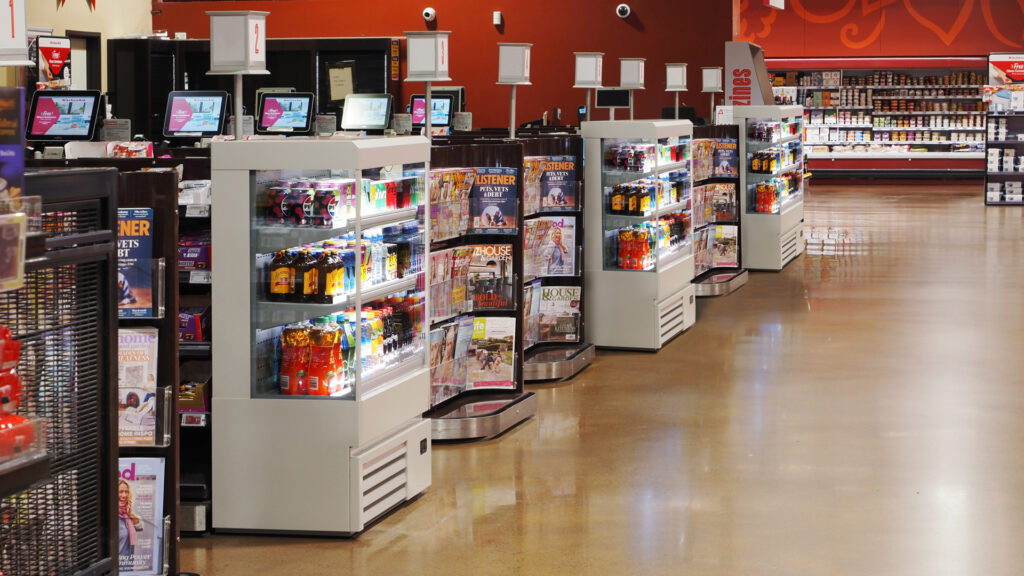 Image showing FPG Impulse Slim Refrigerated cabinets 1200mm height 900mm width at supermarket checkouts.