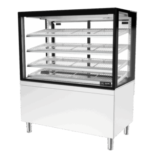 Image showing a FPG Encore Counter 1200mm square heated cabinet with stainless steel wire rack shelving.