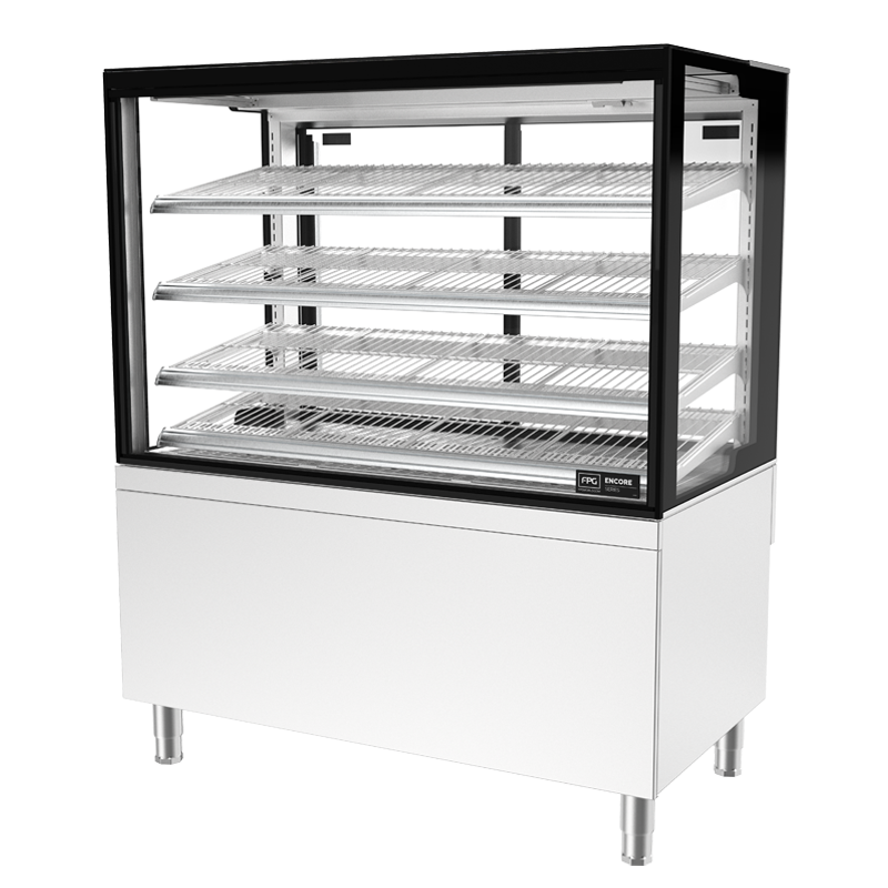 Image showing a FPG Encore Counter Series 1200mm square heated cabinet with stainless steel wire rack shelving.