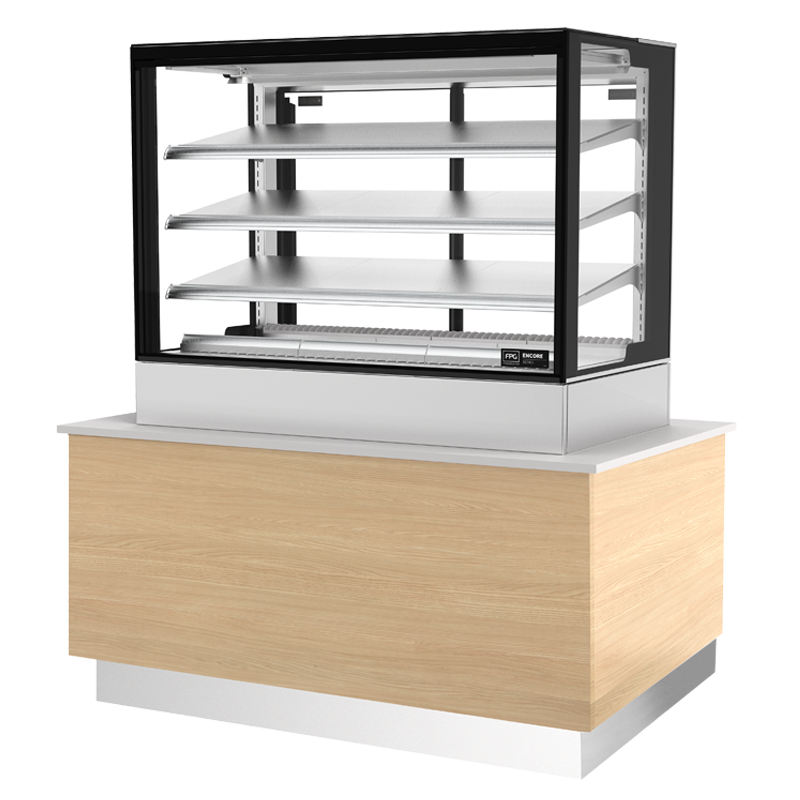 Image showing a FPG Encore Counter Series 1200mm square on-counter refrigerated food and drinks cabinet with stainless steel shelving.