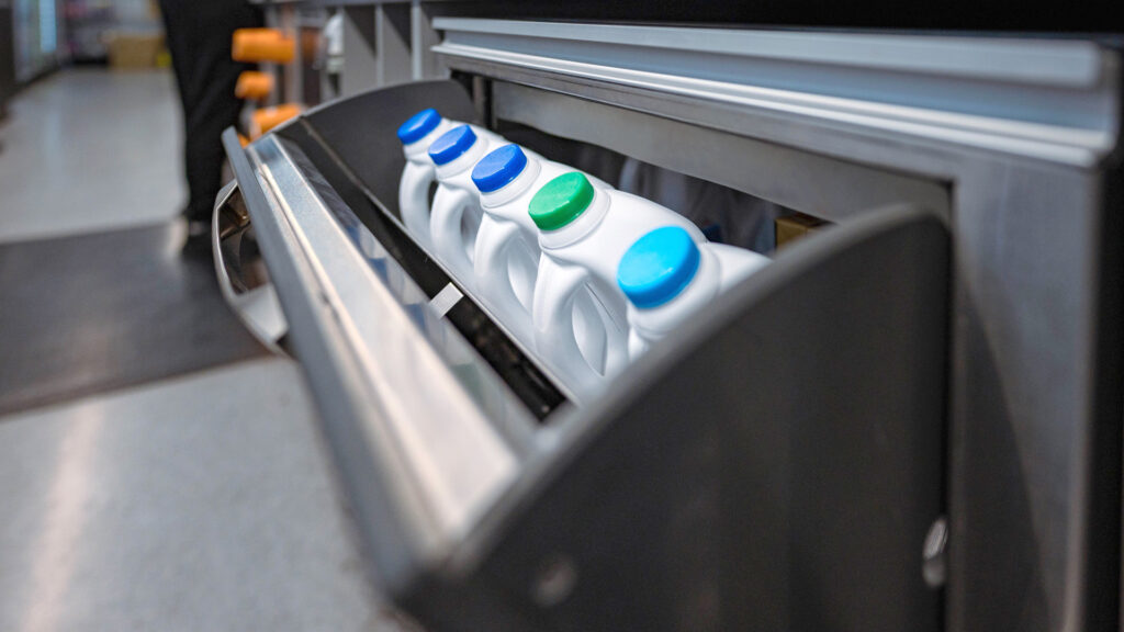 Image showing the FPG Inline Barista flap open which allows quick and safe access to the bottles - no crouching or kneeling in busy traffic areas.