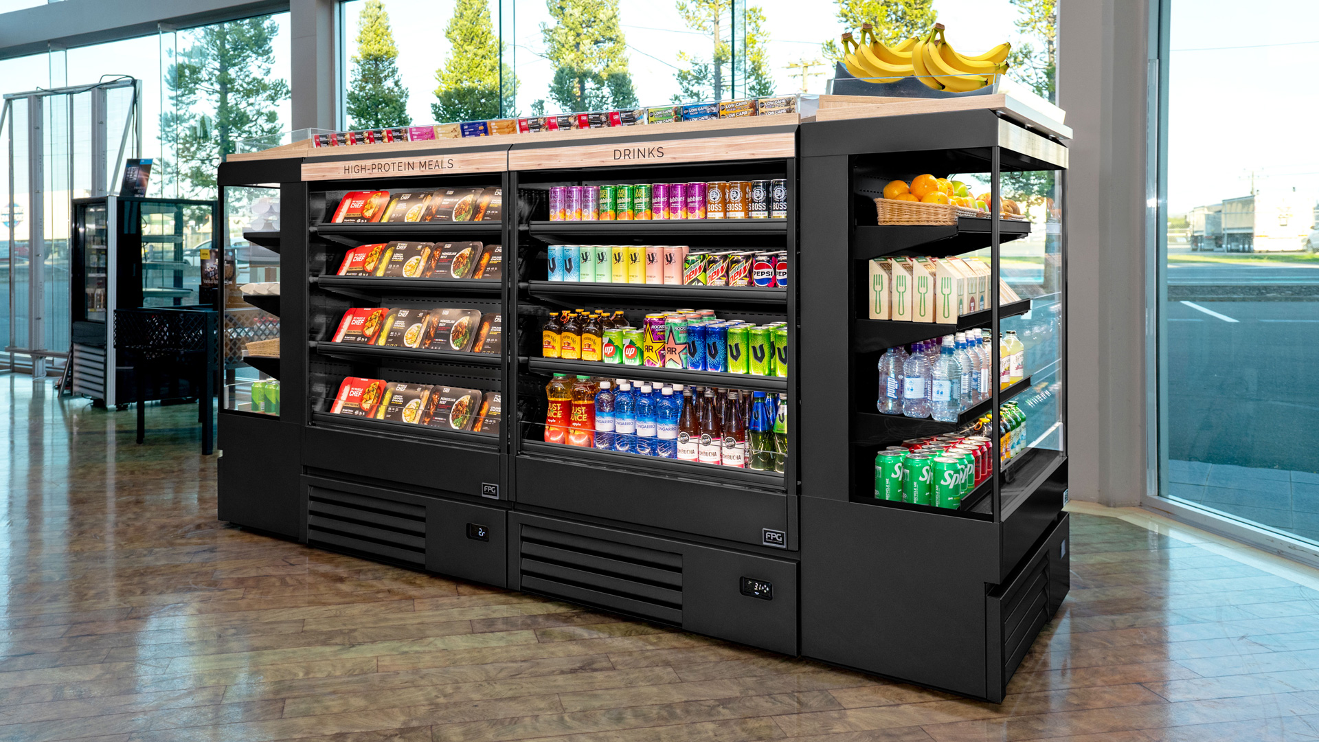 Image showing FPG Impulse Slim Refrigerated food and drinks display cabinets in an island formation.