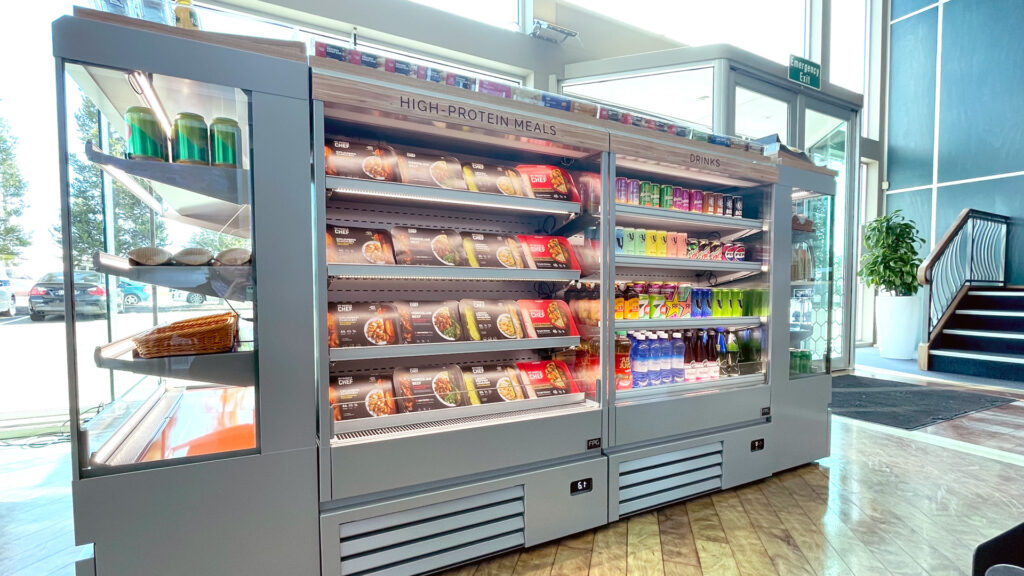 Image showing FPG Impulse Slim Refrigerated food and drinks display cabinets, custom colour - silver, in an island formation, in the FPG showroom, Napier, New Zealand.