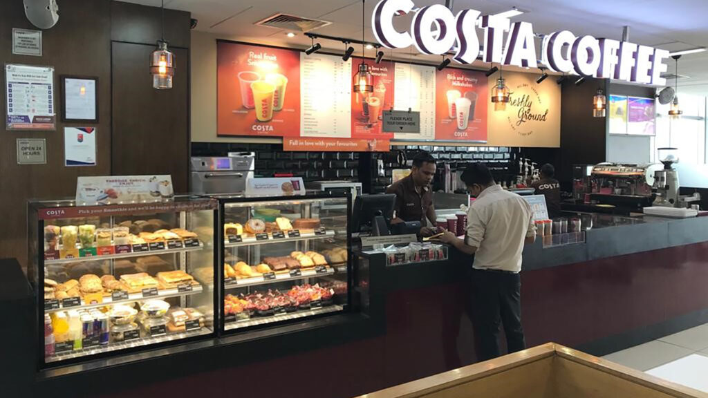 Image showing customised FPG Inline 3000 refrigerated food display cabinets at Costa Coffee, India. Manufactured locally by FPG licensed business partner, Antarctica Equipment.