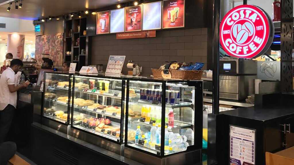 Image showing customised FPG Inline 3000 refrigerated food display cabinets at Costa Coffee, India. Manufactured locally by FPG licensed business partner, Antarctica Equipment.