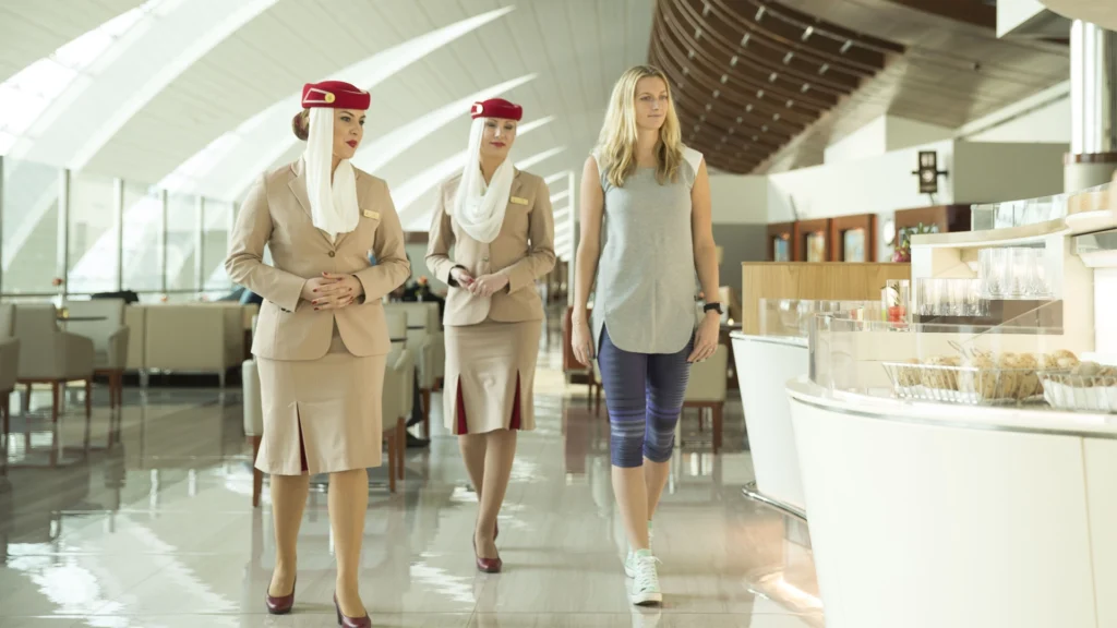 Image showing FPG Custom Cabinets with Petra Kvitova on a tour of the Emirates Lounge at Dubai International Airport.