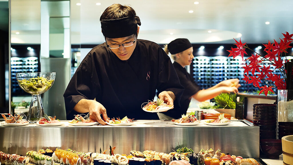 Eight Restaurant, Langham Hotel, Auckland, New Zealand. FPG Custom Fitout including refrigerated sushi display station. Delivered in partnership with Wildfire Commercial Kitchens & Bars.