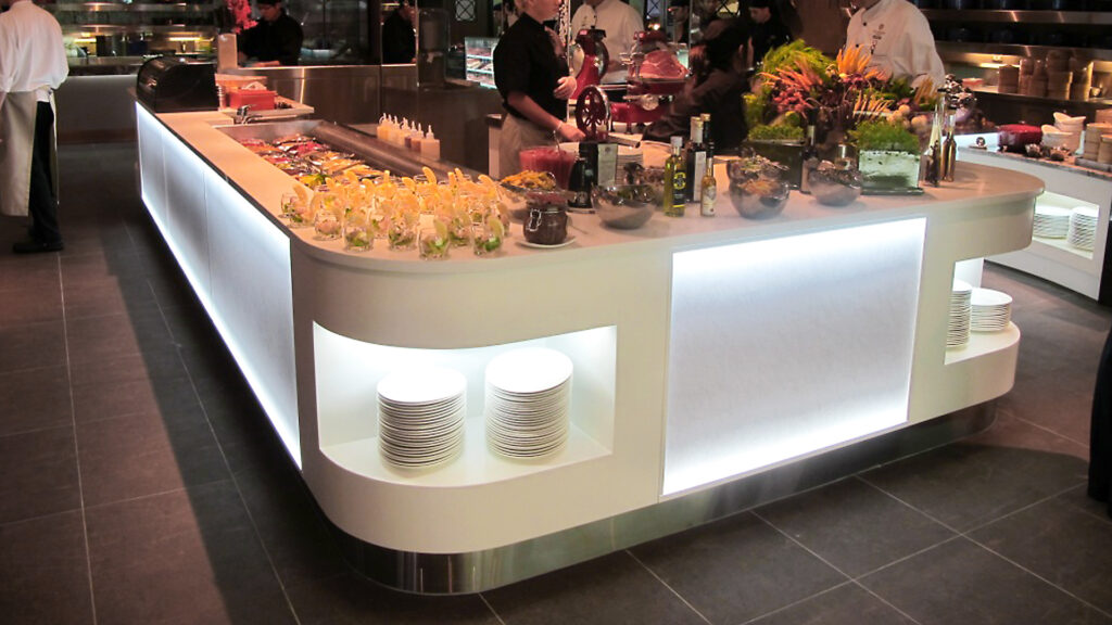 Eight Restaurant, Langham Hotel, Auckland, New Zealand. FPG Custom Fitout including refrigerated and ambient food display stations. Delivered in partnership with Wildfire Commercial Kitchens & Bars.