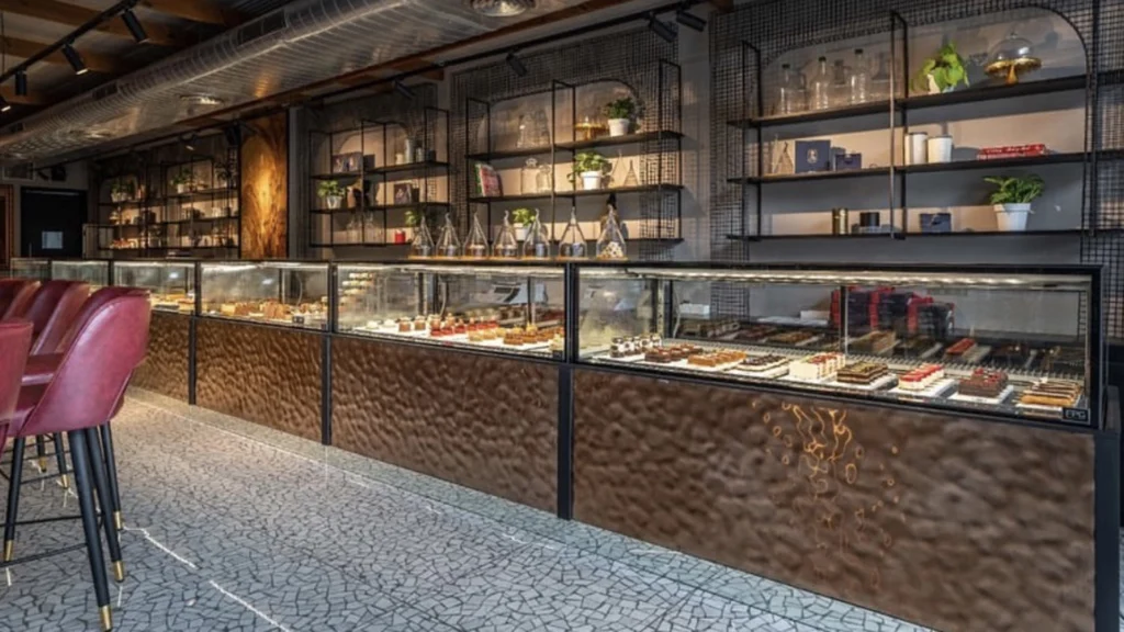 Image showing a lineup of customised FPG Inline 3000 Refrigerated Display Cabinets at 45th Avenue Karachi Bakery, Hyderabad, India.