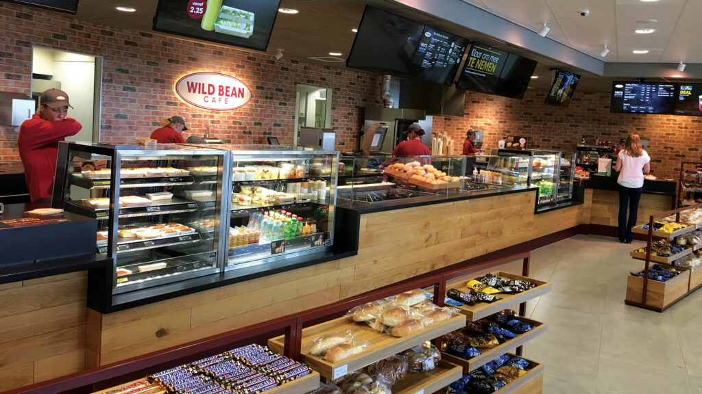 FPG Inline 5000 open front heated and refrigerated cabinets at a BP Wildbean Cafe in The Netherlands.