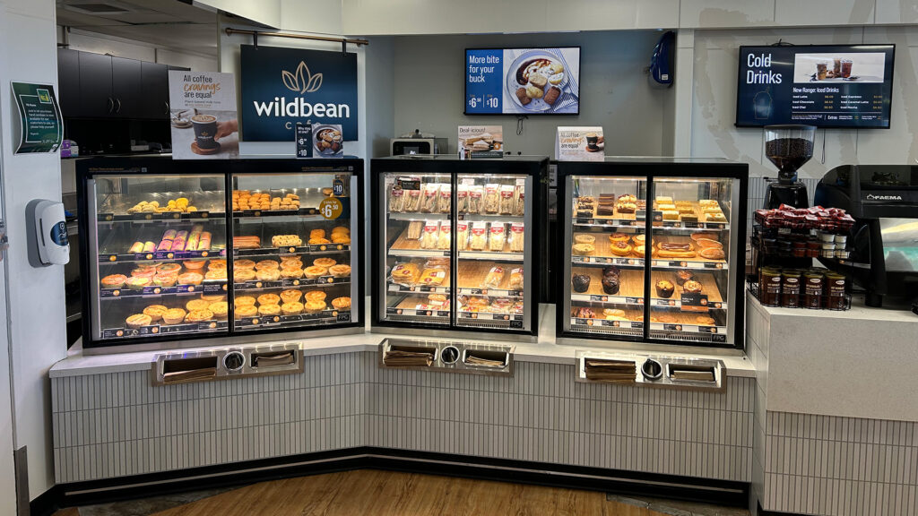 A lineup of FPG Inline 5000 food display cabinets at BP Boulevard Wild Bean Cafe, Queensland, Australia.