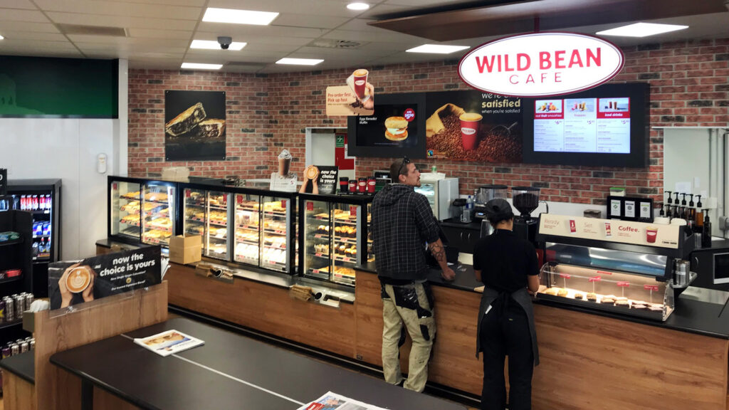 A lineup of FPG Inline 5000 food display cabinets at BP Moorhouse Wild Bean Cafe, Christchurch, New Zealand.
