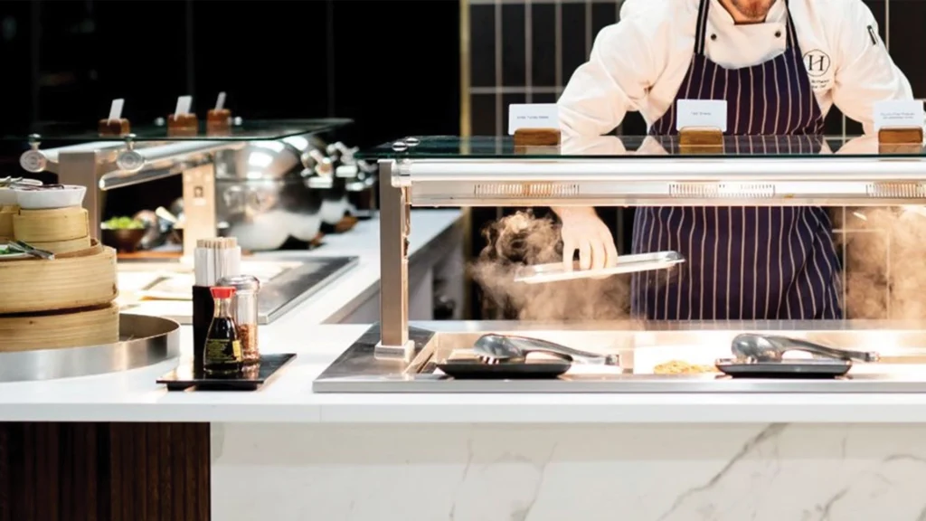 FPG Inline GN heated buffet display fitted with a flat glass gantry at the Hermitage Hotel, Aoraki Mount Cook, New Zealand. Copyright Hermitage Hotel.