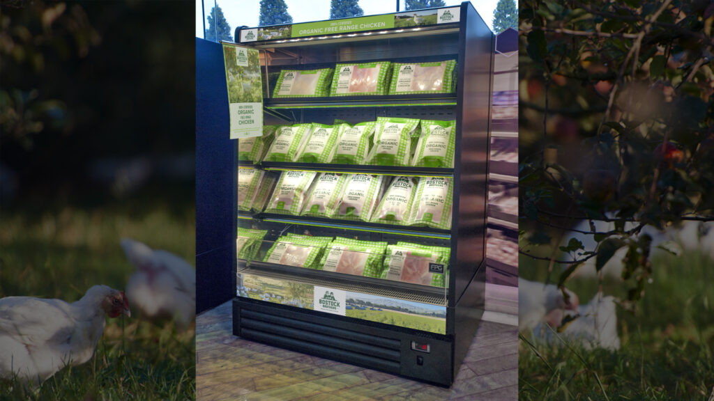 Image showing FPG Visair Refrigerated 1000 width display cabinet, stocked with Bostock Organic chickens and fully branded.