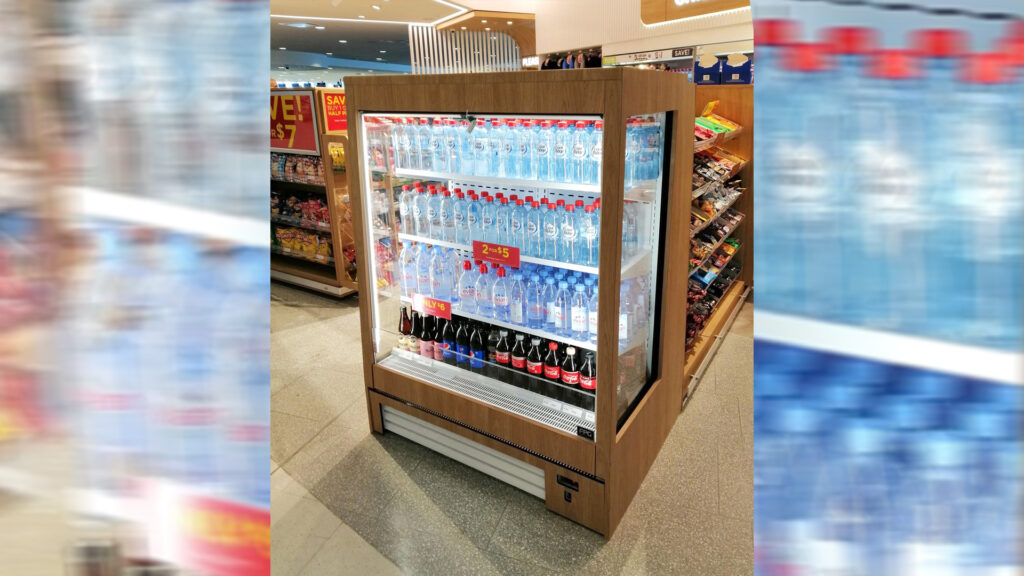 Image showing FPG Visair Upright Refrigerated food and drinks display cabinet with custom joinery surround.