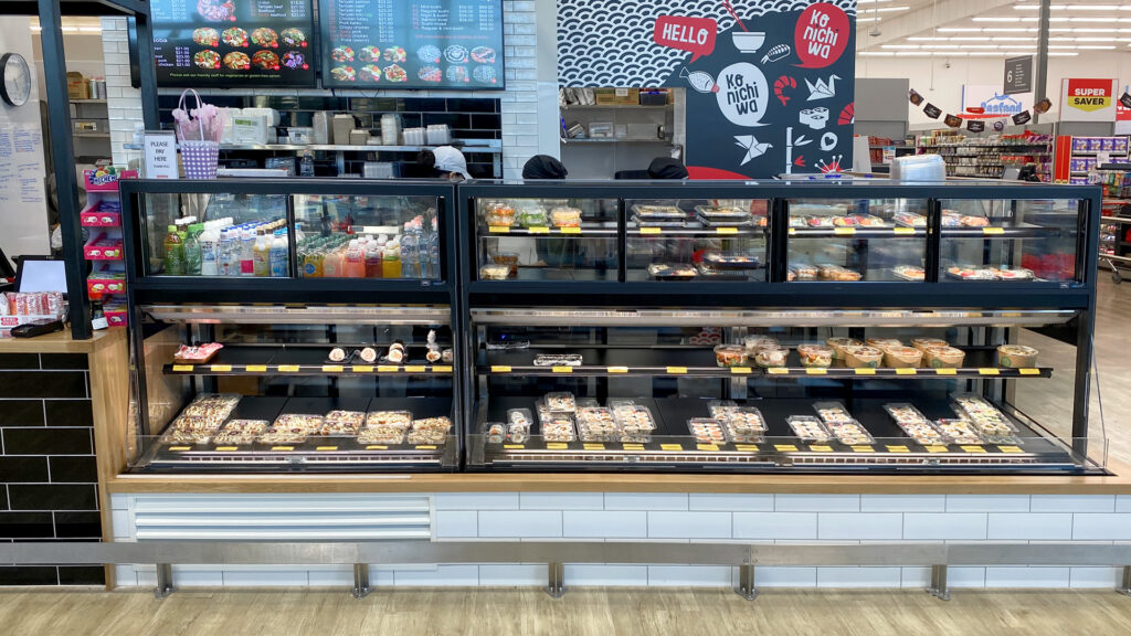 Image showing FPG Isoform Grab&Go 1200 and 2400 refrigerated cabinets - Hello Sushi, New World Brookfield, Tauranga, New Zealand.