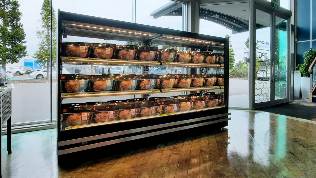 Image showing FPG Visair 2400 Open Front Heated cabinet customised with square end panels, stainless steel crash rail and rear doors for easy stocking.