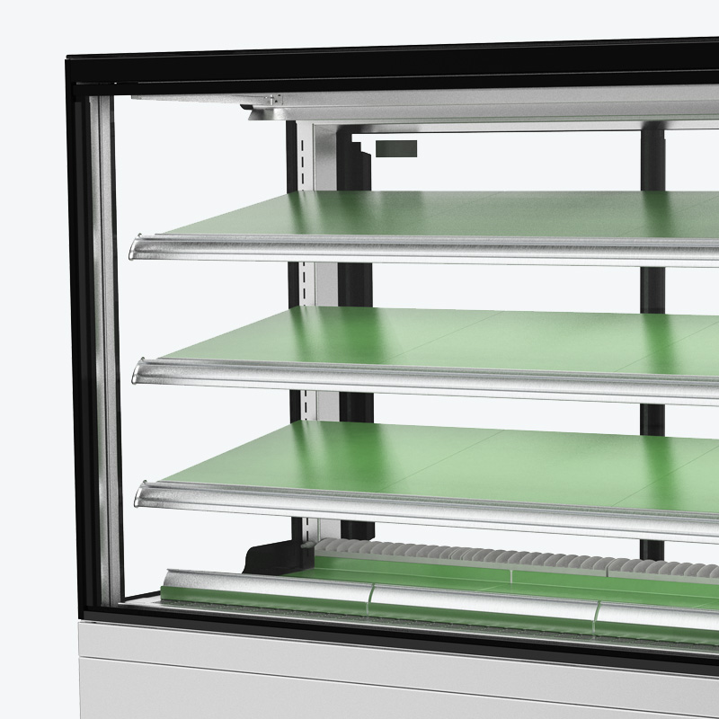 Image showing a FPG Encore Series 8 square refrigerated food and drinks cabinet with custom colour shelf trays.