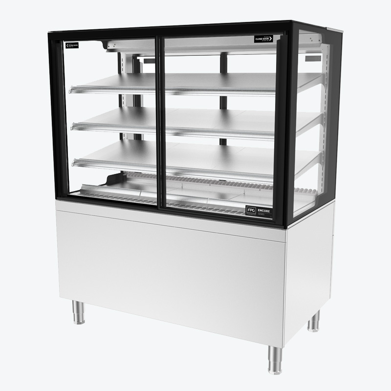 Image showing a FPG Encore Series 8 square refrigerated food and drinks cabinet with front sliding doors.