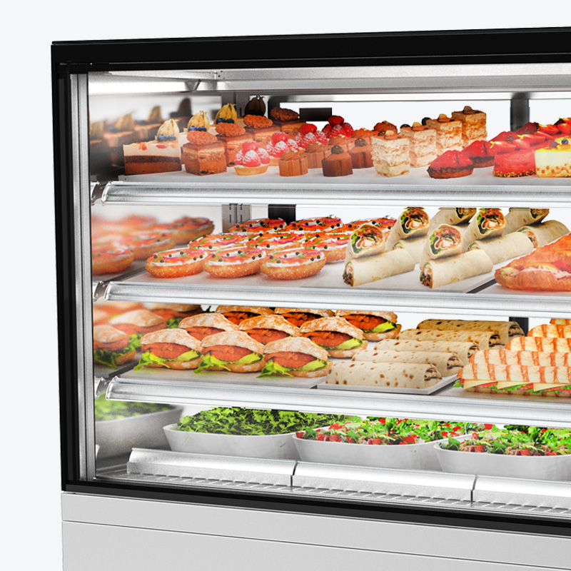 Image showing a FPG Encore Series 8 square refrigerated food and drinks cabinet with side mirror effect.