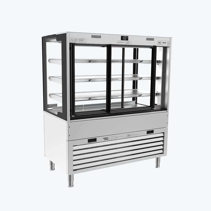 Image showing a FPG Encore Series 8 square refrigerated food and drinks cabinet with sling doors which slide and swing.