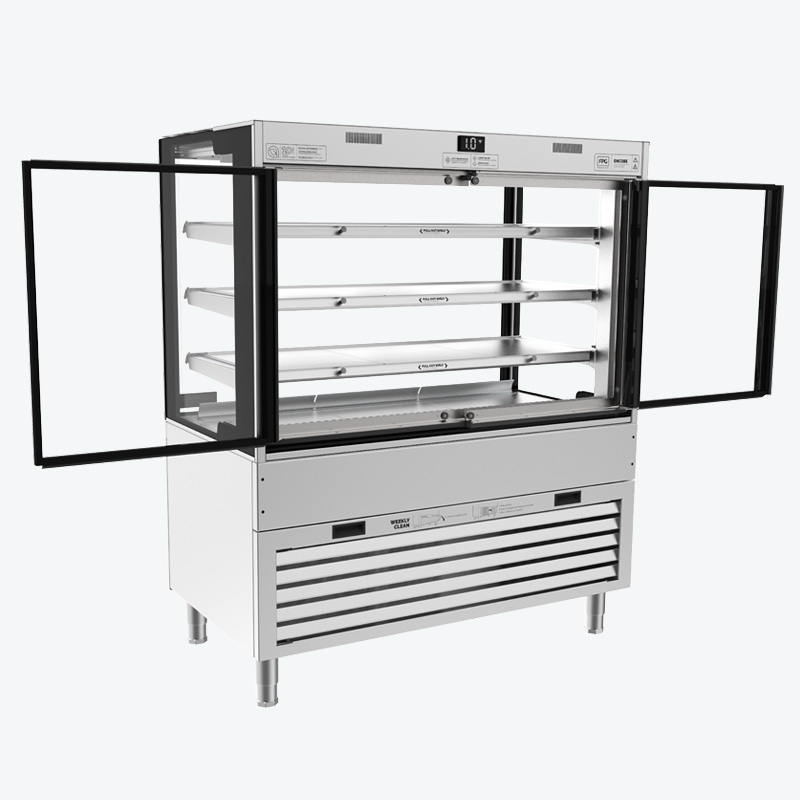 Image showing a FPG Encore Series 8 square refrigerated food and drinks cabinet with sling doors which slide and swing.