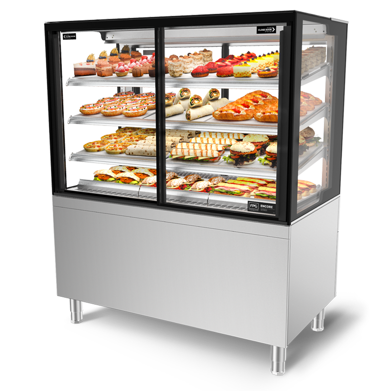 Image showing FPG Encore Series 8 refrigerated stocked food display cabinet with front sliding doors