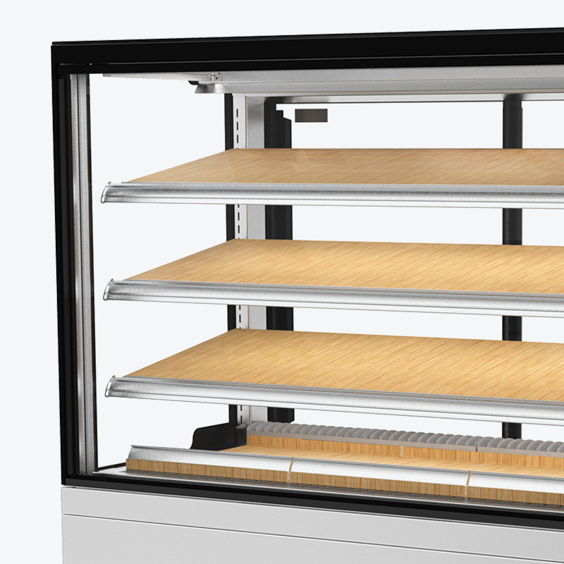 Image showing a FPG Encore Series 8 square refrigerated food and drinks cabinet with woodprint shelves.