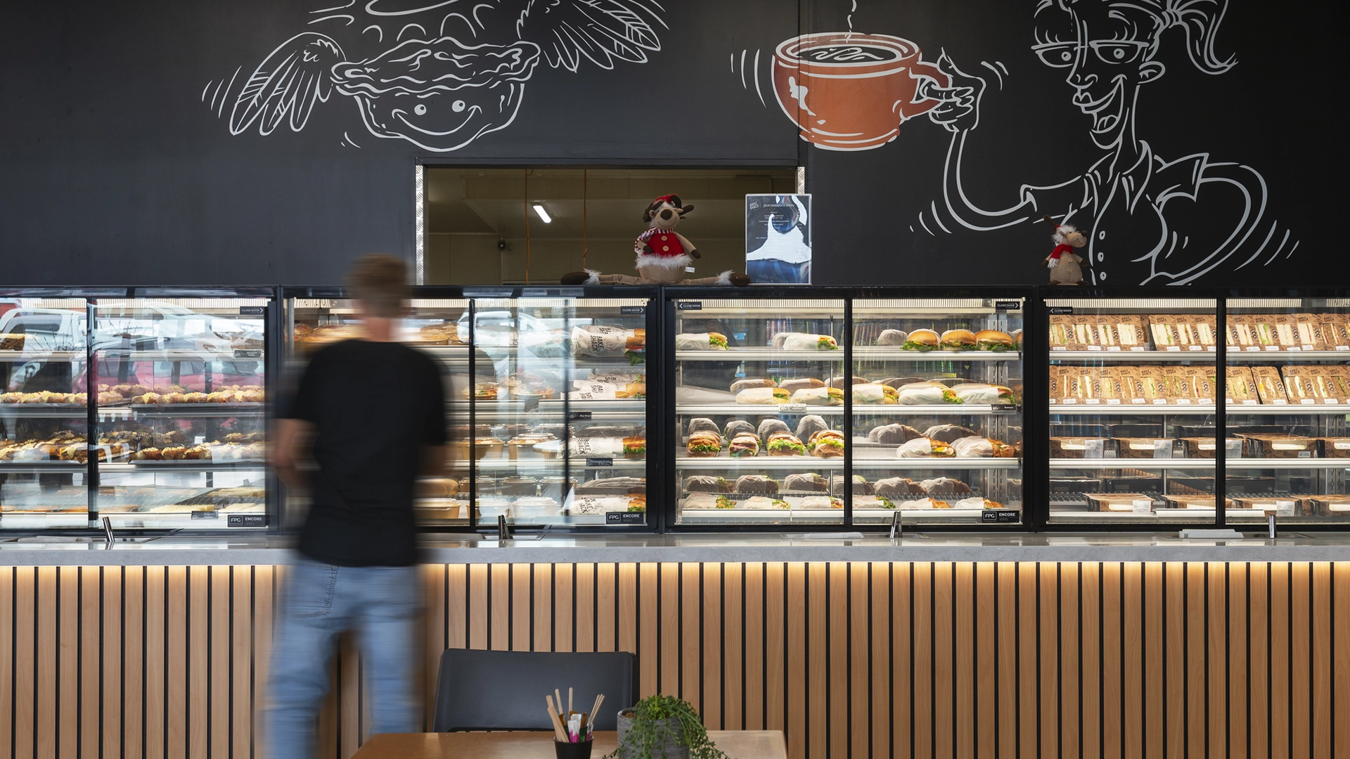 FPG bakery fitout including a lineup of FPG Encore Series 8 refrigerated and heated food display cabinets. Located at the Bake Shack bakery and café, Mount Maunganui, New Zealand.