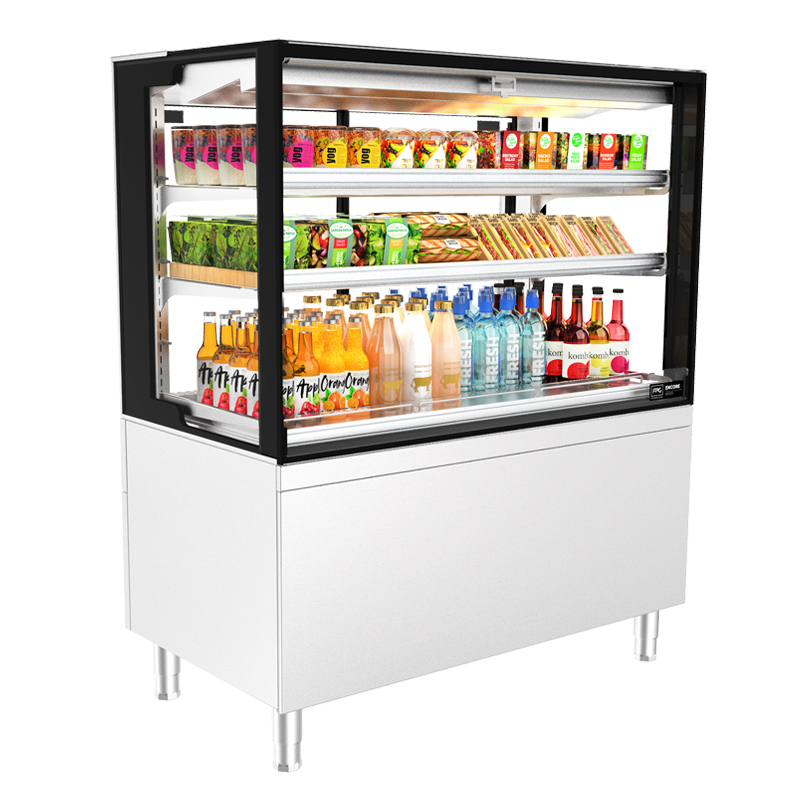 Image showing FPG Encore Series 8 Open Front Refrigerated display cabinet stocked with fresh foods and drinks.