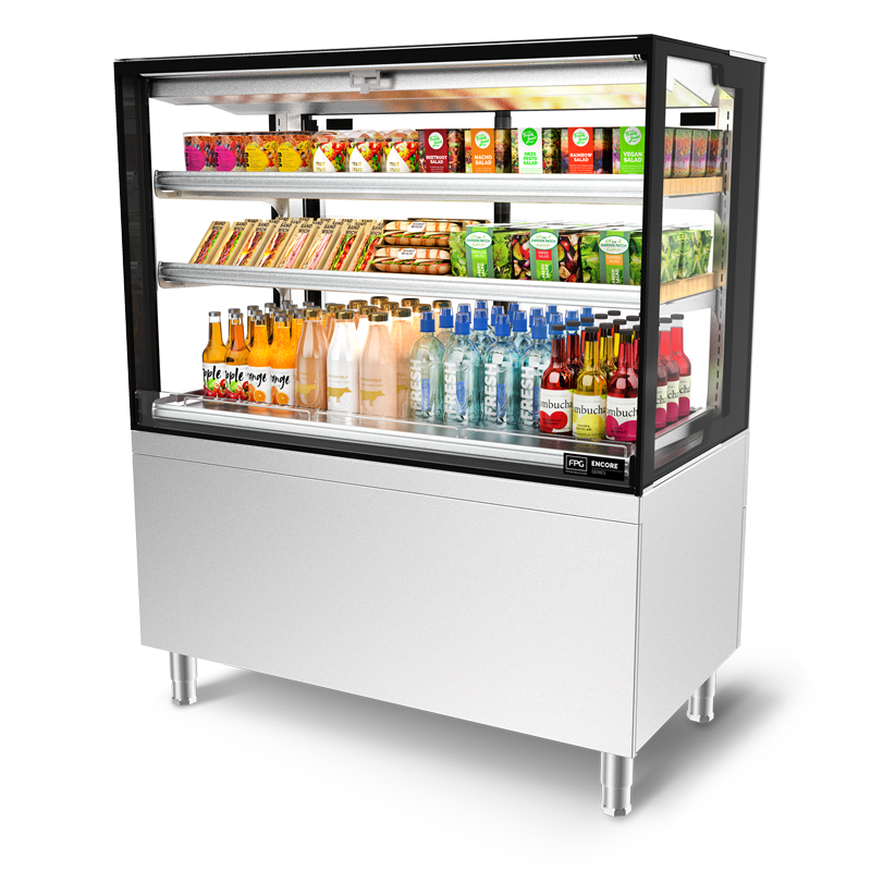 Image showing FPG Encore Series 8 Open Front 1200mm refrigerated food and drinks display cabinet with 2 shelves plus base.