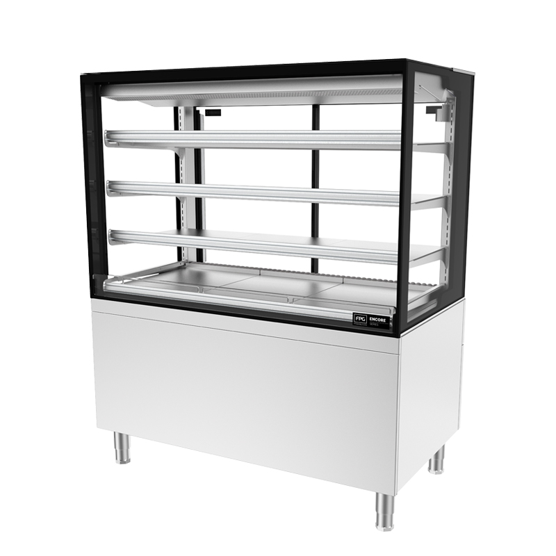 Image showing a FPG Encore Series 8 Open Front 1200mm square freestanding refrigerated food and drinks cabinet with stainless steel shelving.