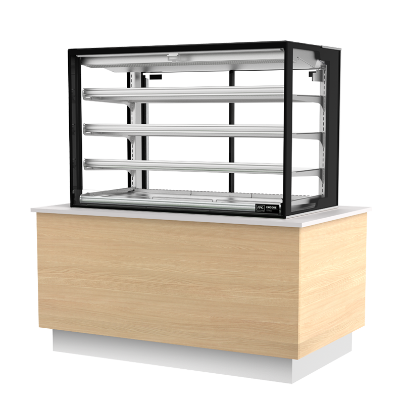 Image showing a FPG Encore Series 8 Open Front 1200mm square in-counter refrigerated food and drinks cabinet with stainless steel shelving.