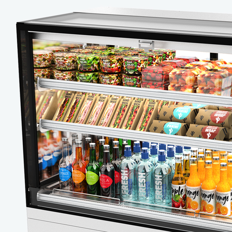 Image sowing a FPG Encore Series 8 Open Front square refrigerated food and drinks cabinet with mirror effect.