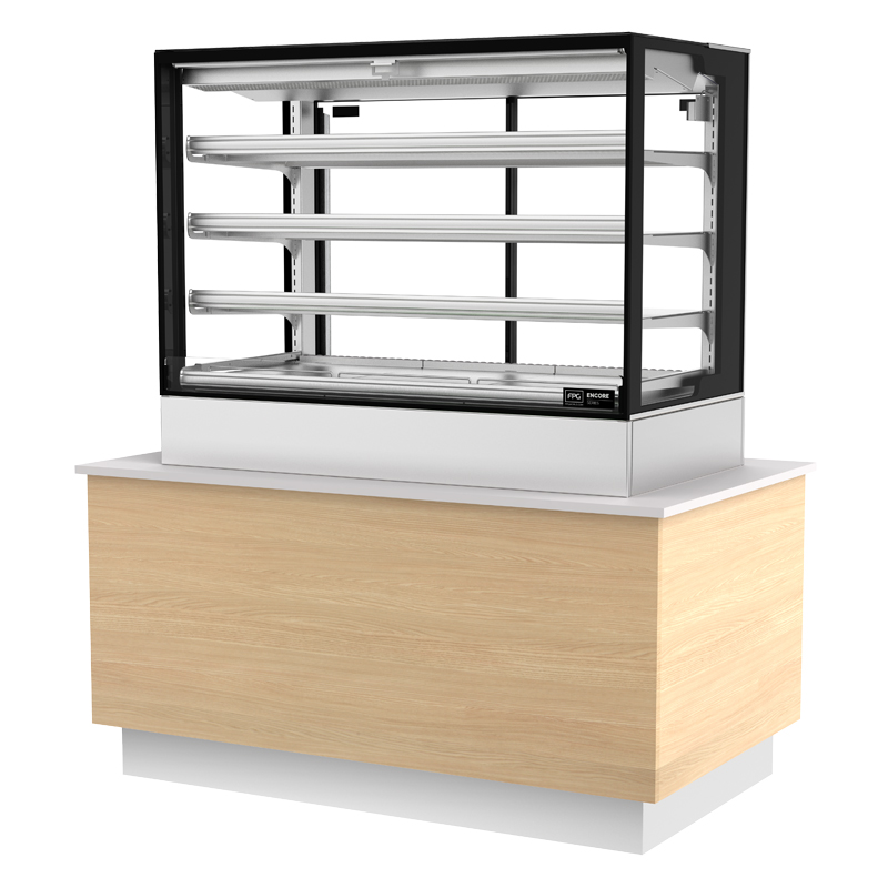 Image showing a FPG Encore Series 8 Open Front 1200mm square on-counter refrigerated food and drinks cabinet with stainless steel shelving.