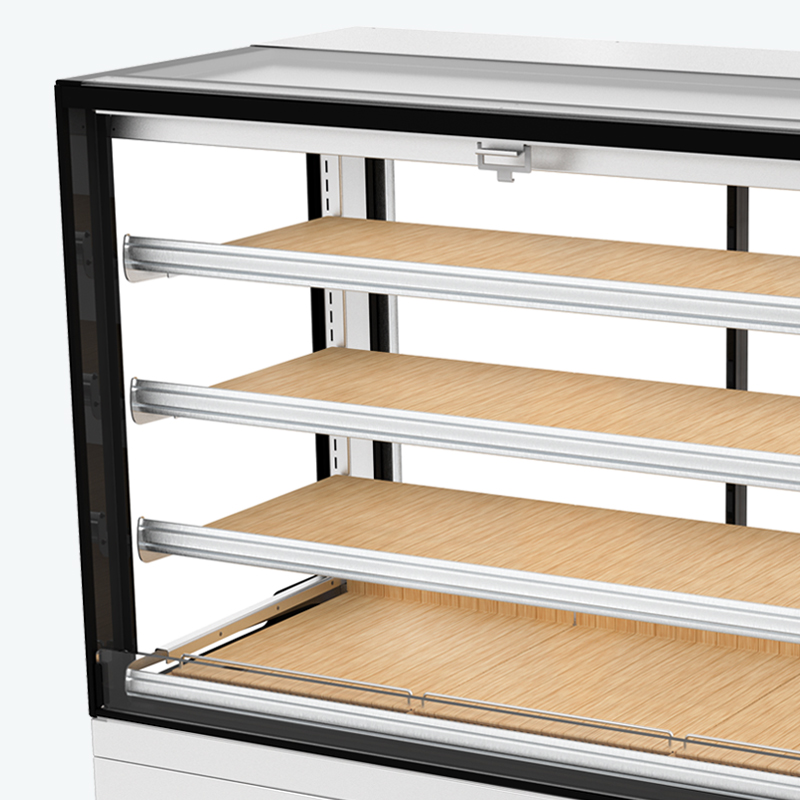 Image showing a FPG Encore Series 8 Open Front square refrigerated food and drinks cabinet with woodprint shelf trays.