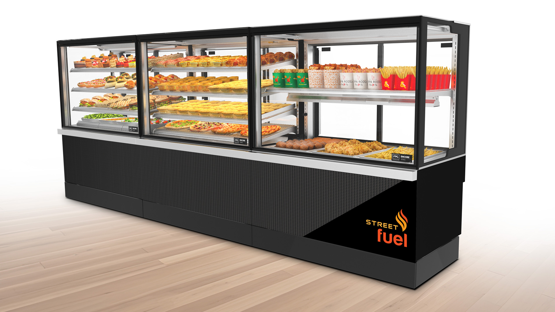 Introducing FPG Encore Series 8 Bain Marie Heated Food Display Cabinet Image showing FPG Encore Series 8 Bain Marie with Encore Series 8 Refrigerated and Heated in cabinet lineup.